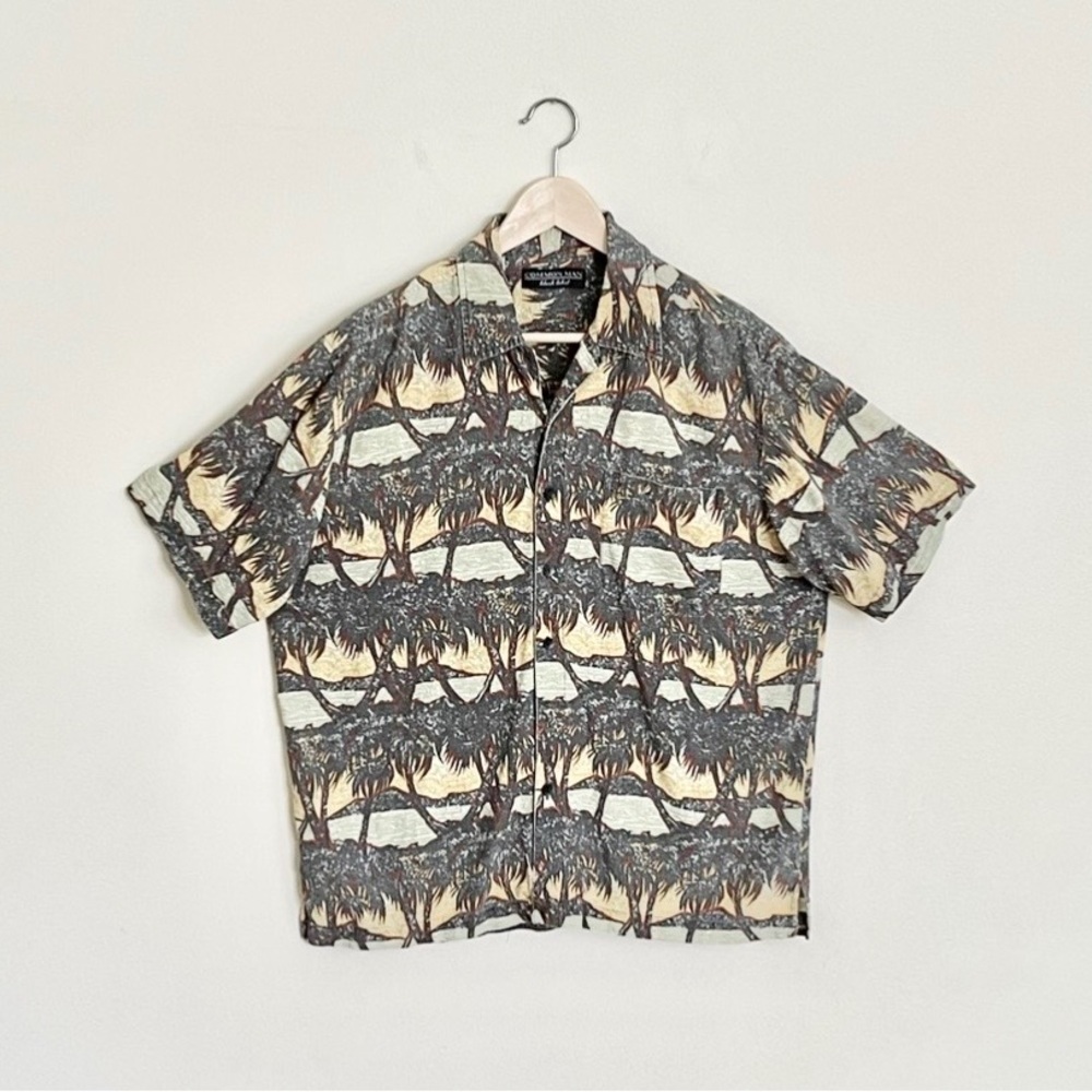 Vintage 90s Common Man Black Label Palm Hawaiian Silk Button Down Shirt Men’s M